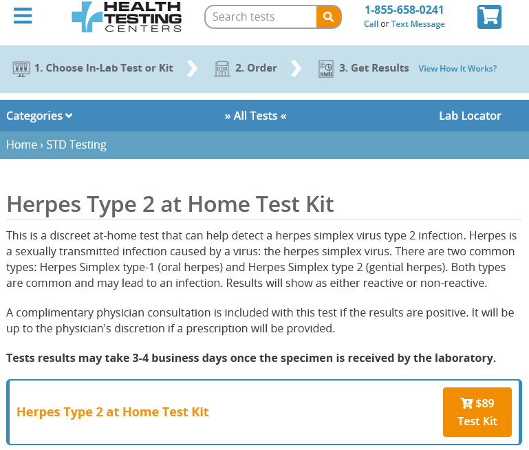 Health Testing Centers Herpes Type 2 Test Kit