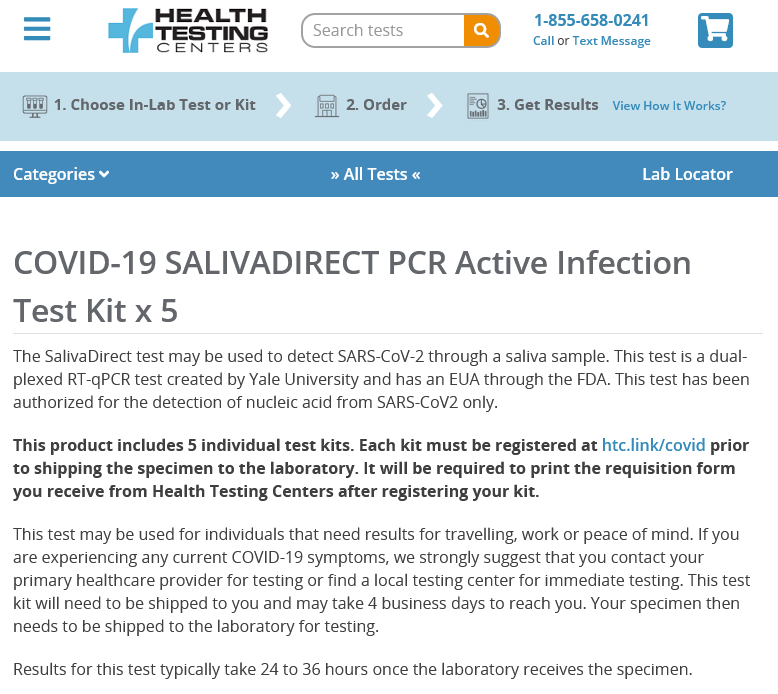 Health Testing Centers – COVID-19 Salivadirect PCR Active Infection Kit